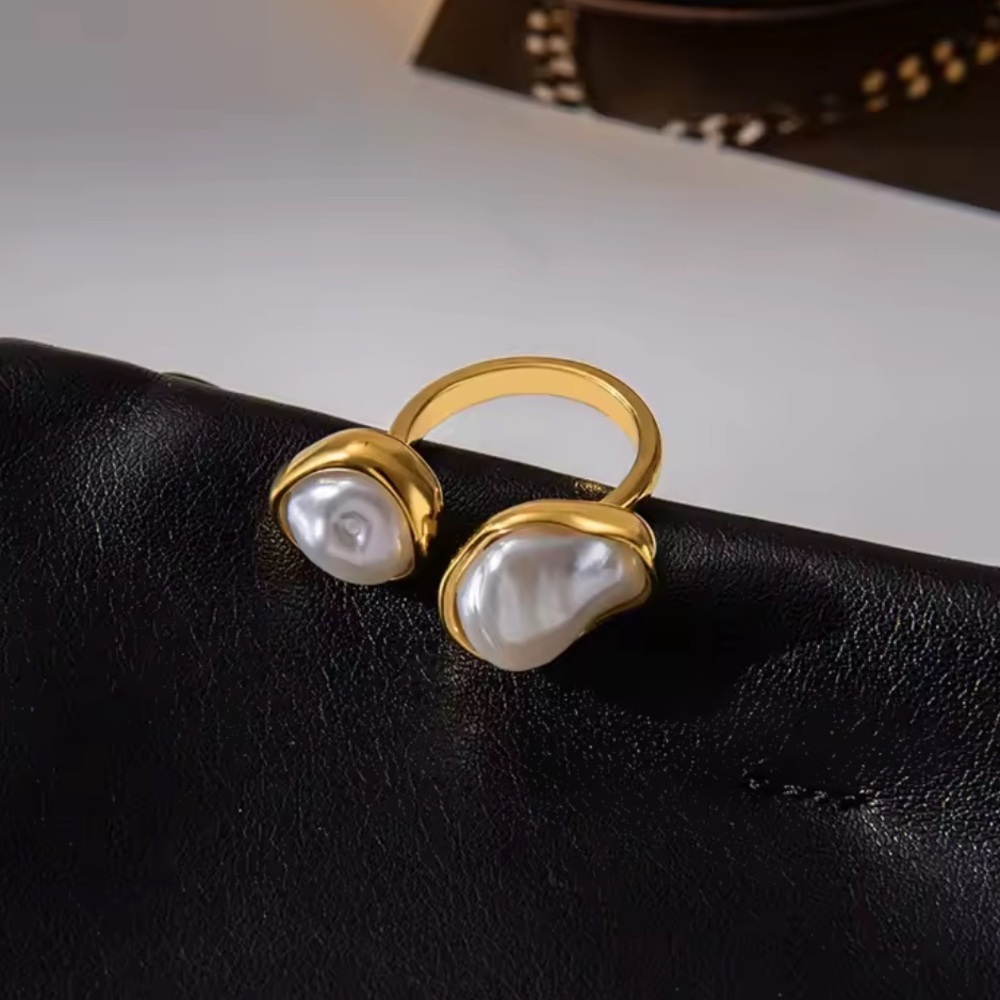 Luxury Gold Pearl Double Stone Ring – Stainless Steel Adjustable - Picture 8 of 8
